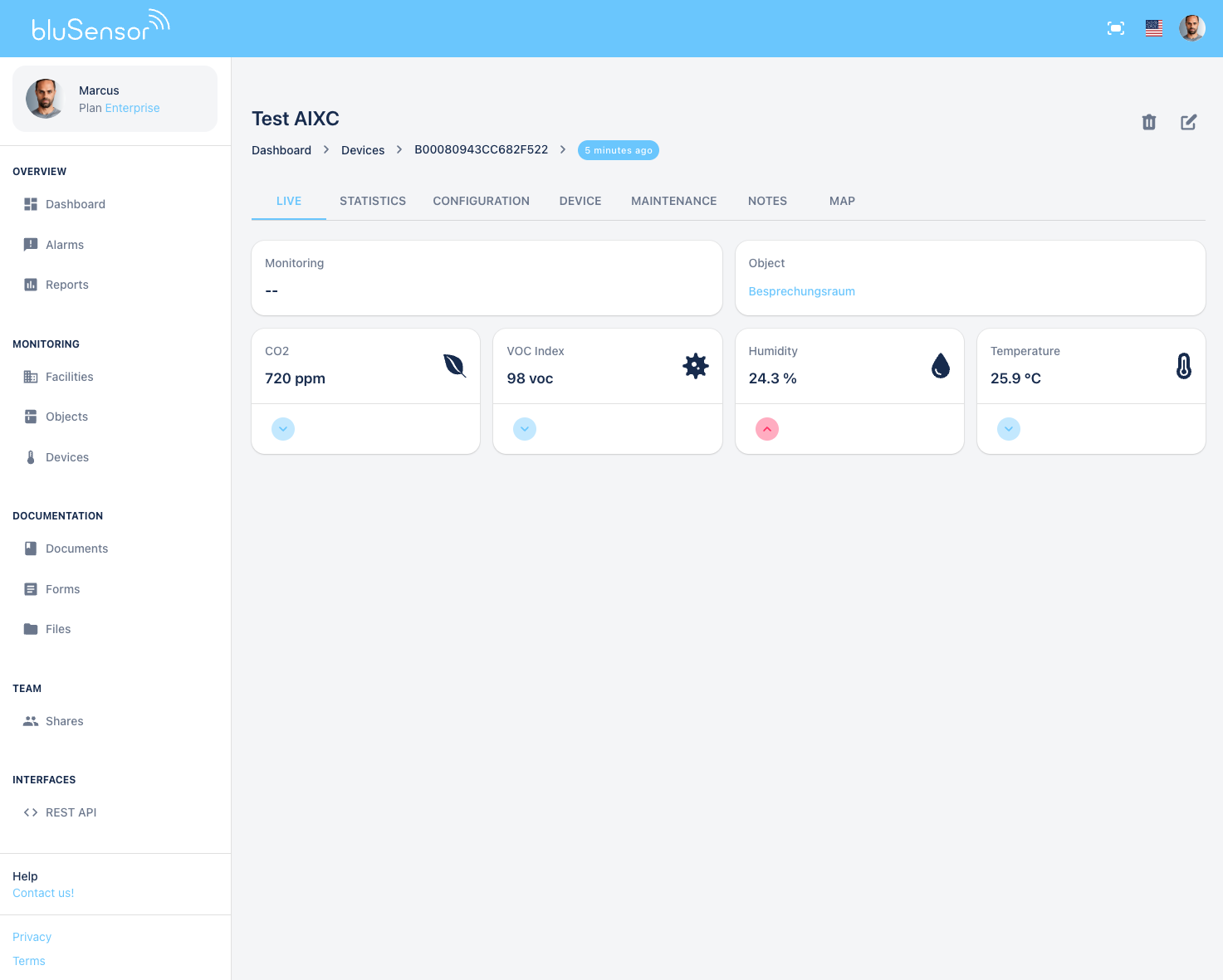 bluSensor Cloud Sensor Live